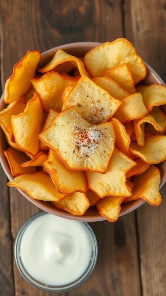 Homemade Potato Chips Recipe A bowl of crispy homemade potato chips garnished with salt and paprika, with a dip on the side.